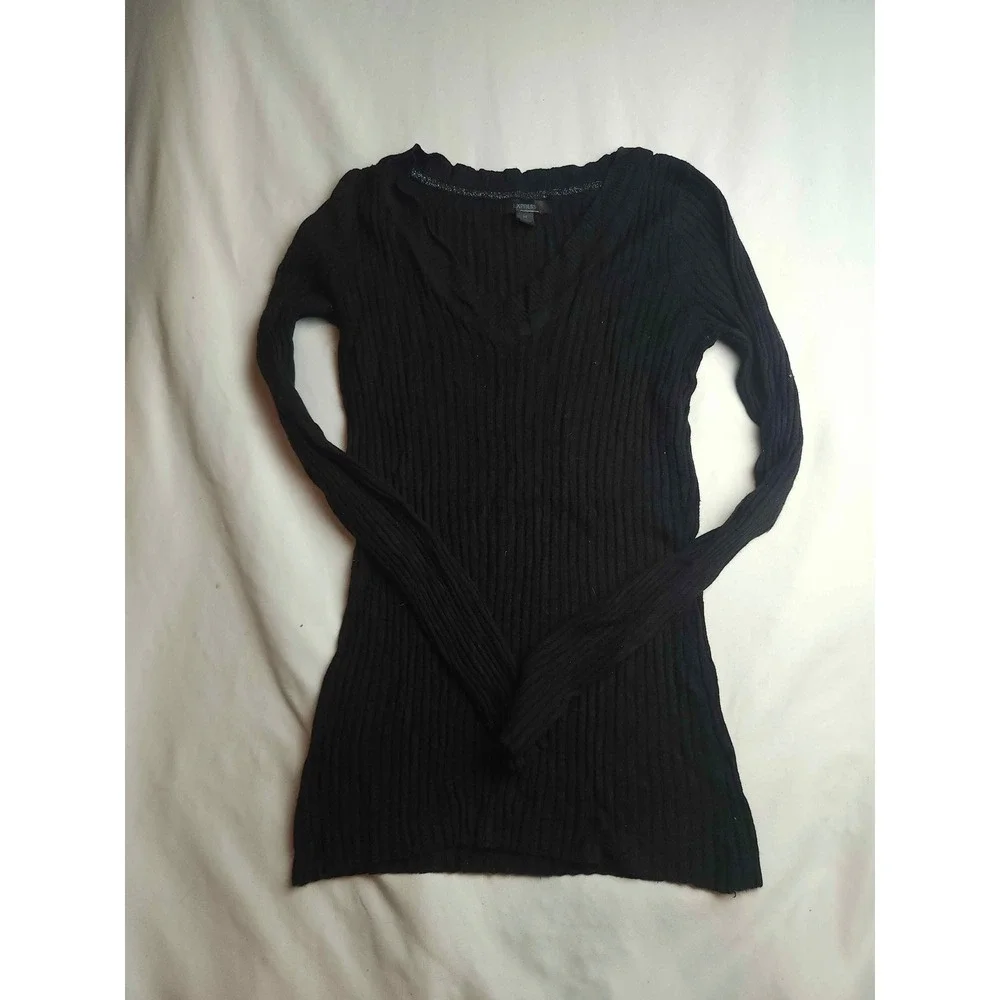 Express Womens Ribbed V-Neck Long Sleeve Sweater Black Size Medium